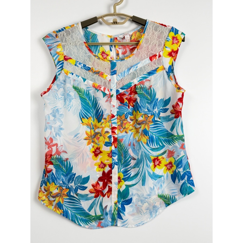 Candies Tropical Floral Lace Inset Sleeveless Blouse Top Large Multicolor Summer